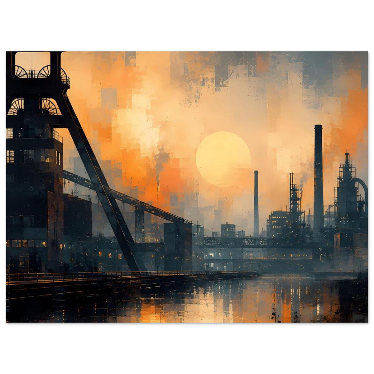 Industrie-Skyline-Poster mit großer Sonne, Schornsteinanlagen, Brücke links und Spiegelung im Wasser