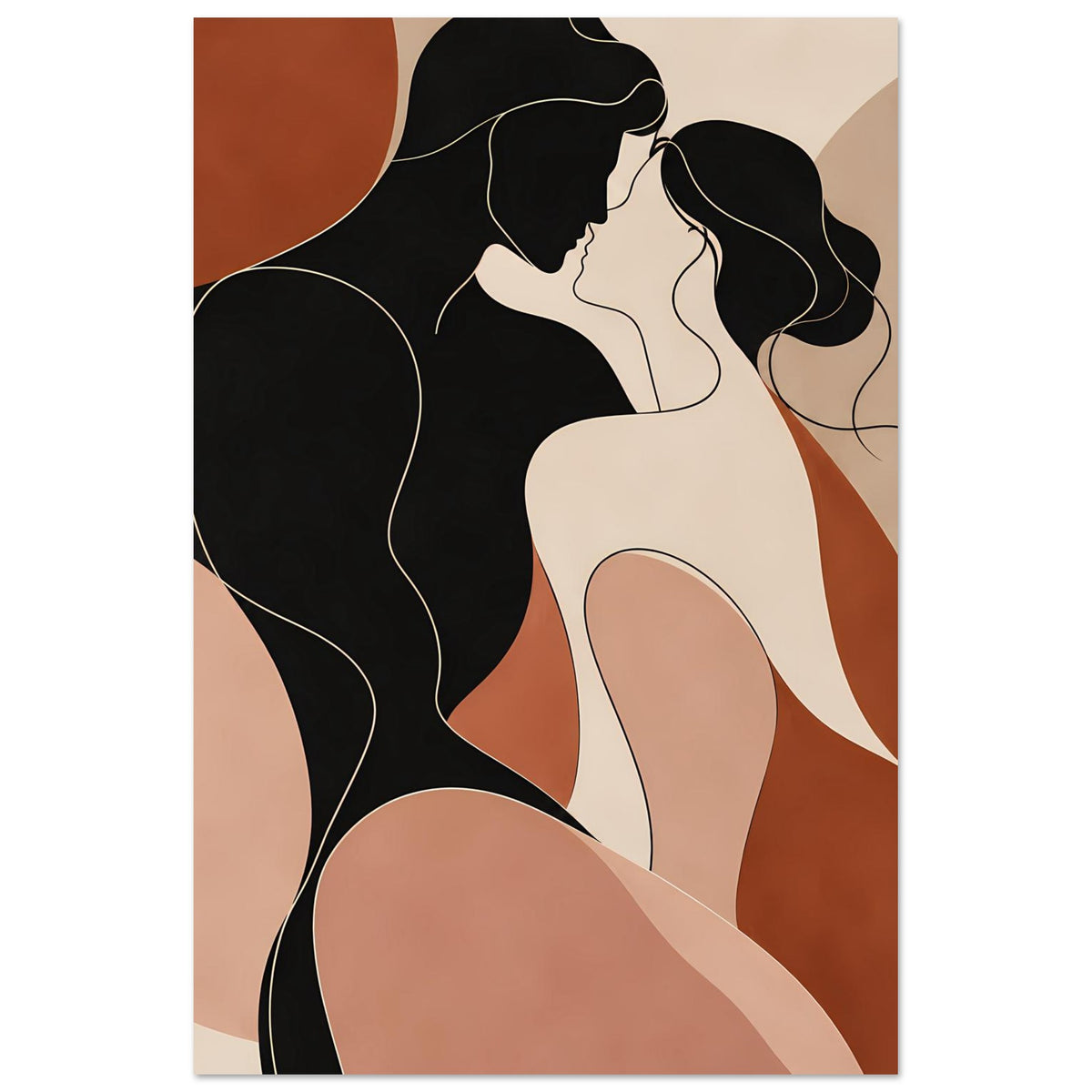 Abstraktes Liebes-Porträtposter, senkrechte Ansicht: zwei Frauenfiguren in Schwarz und Creme
