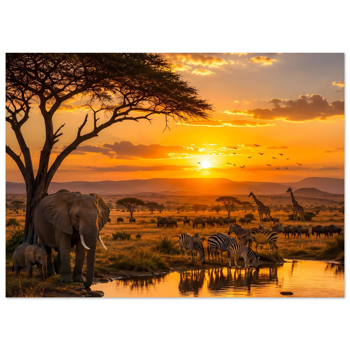 Poster mit Elefanten am Wasserloch, Zebras und Giraffen in der Savanne bei Sonnenuntergang