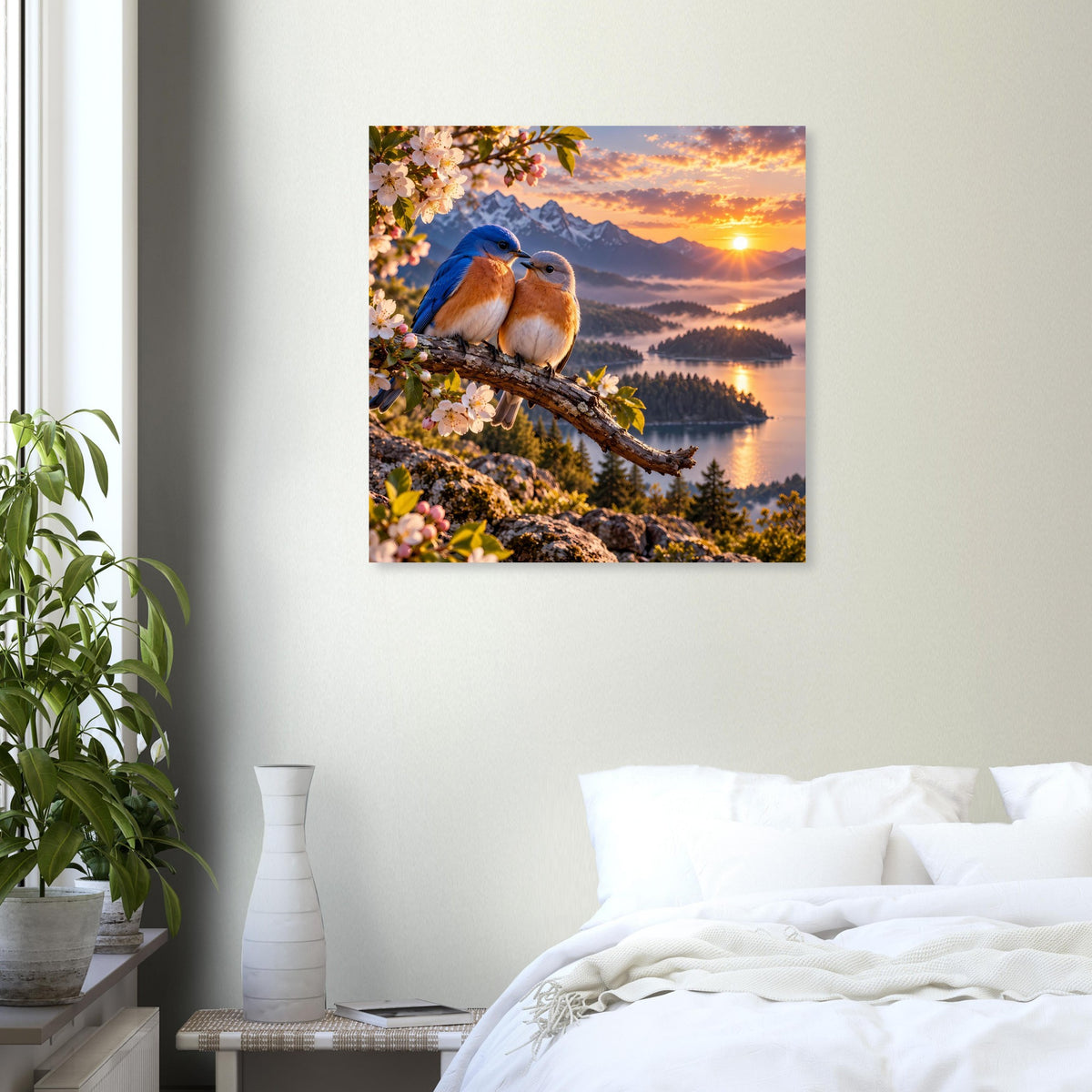 Poster mit zwei Vögeln auf Ast, blühende Zweige, Berge und Sonne im Hintergrund.