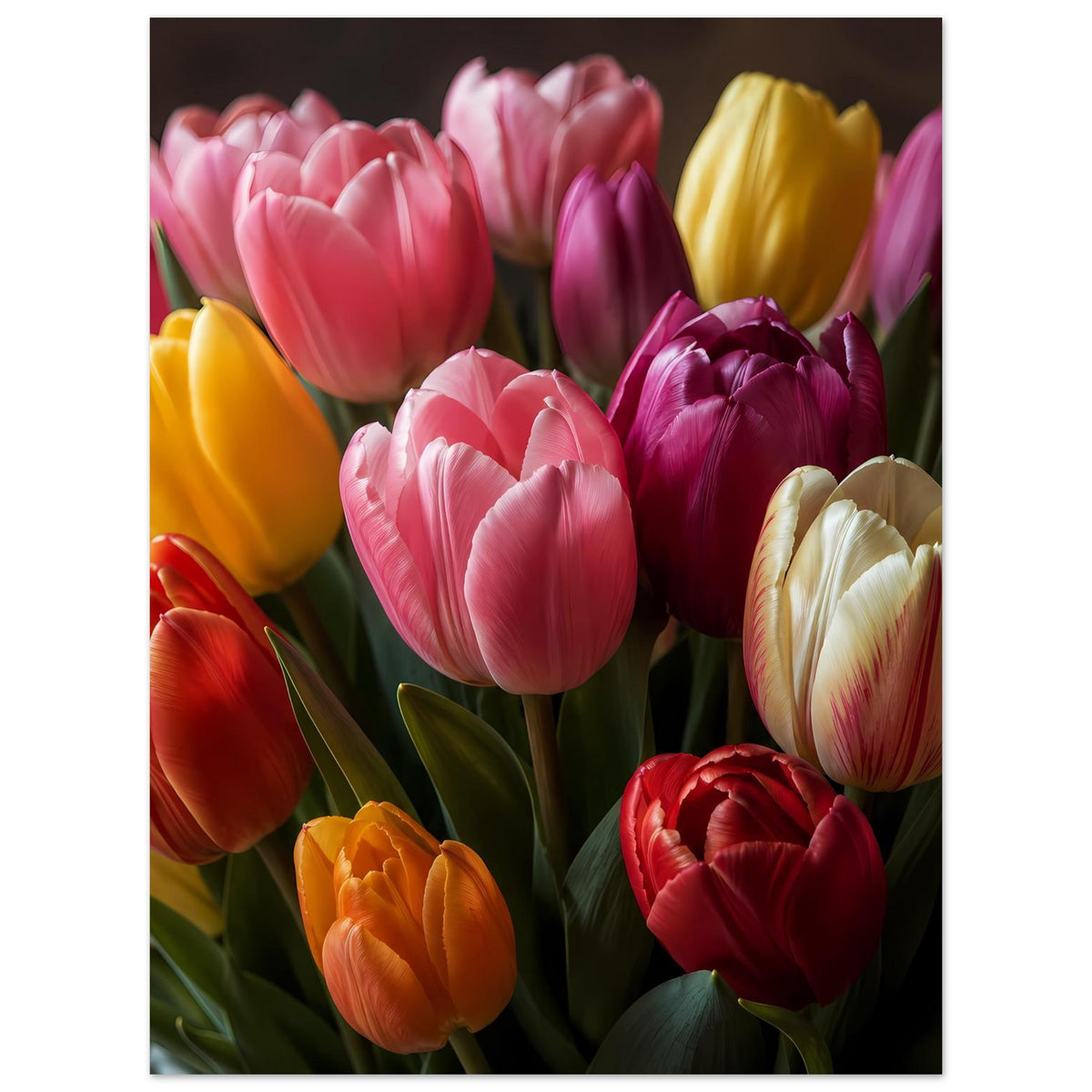 Tulpenstrauß-Poster, Hochformat: Tulpenbouquet mit gelben, pinken, lila und roten Blüten.