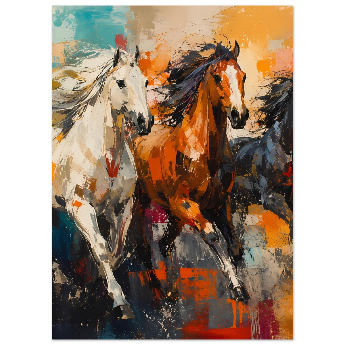 Poster mit drei galoppierenden Pferden, abstrakte Malerei in Orange, Blau und Beige