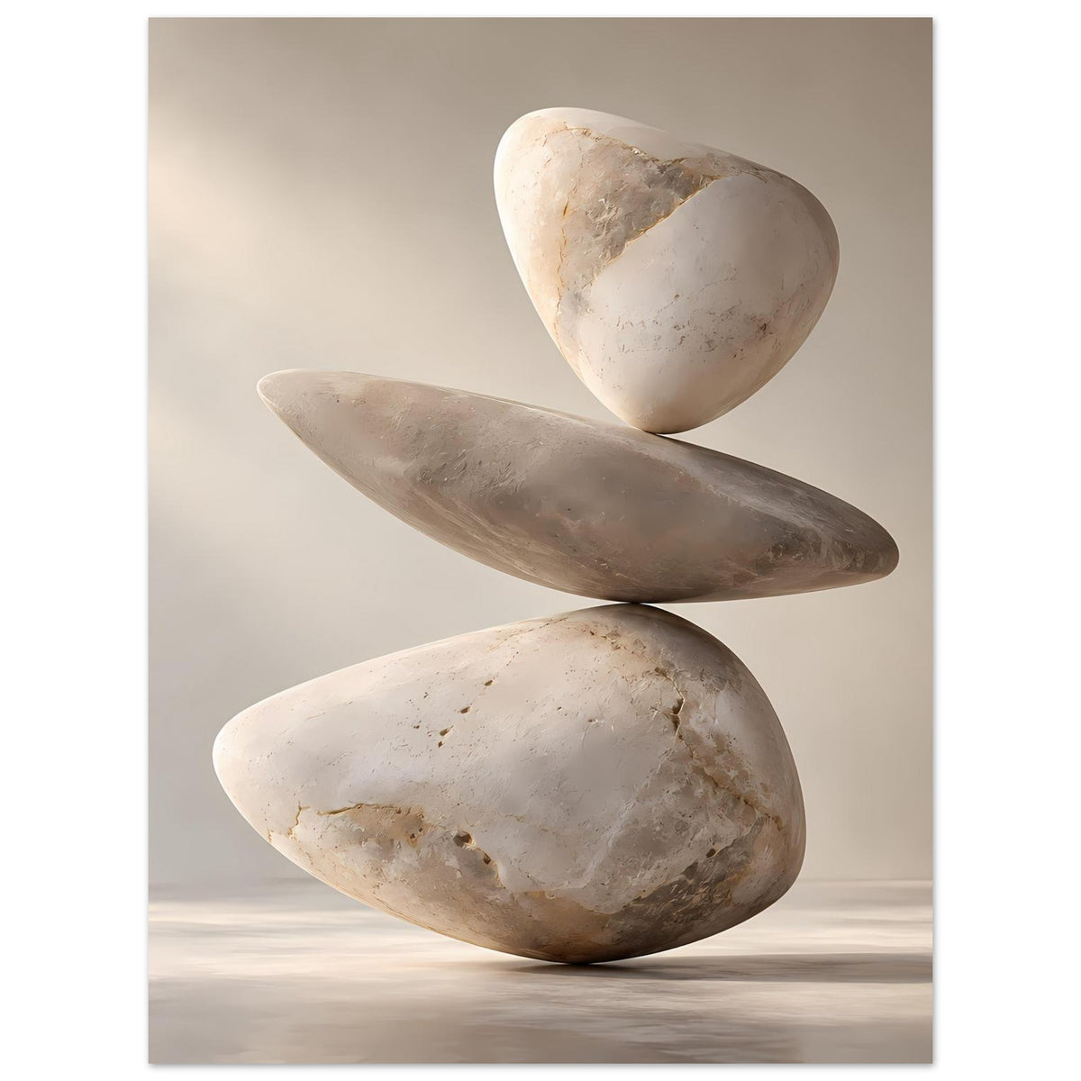 Zen-Balance-Steinturm-Kunstprint im Hochformat: drei helle Steine als ruhiger Balancestapel