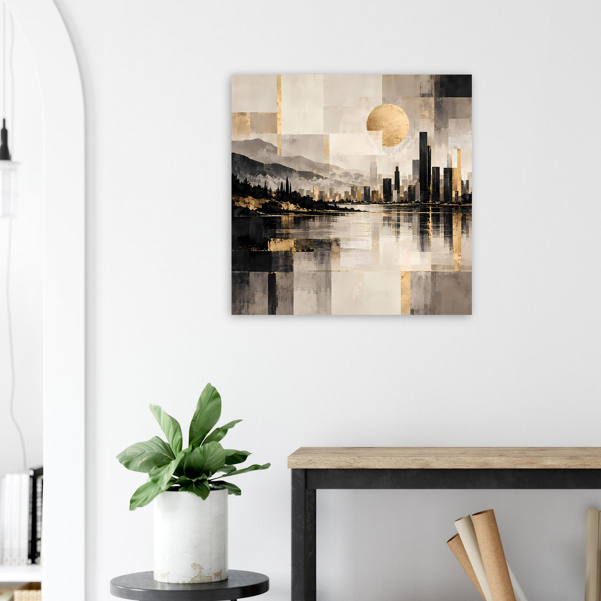 Stadtbild-Poster mit goldener Kreisform, schwarzer Skyline und Wasserreflexion
