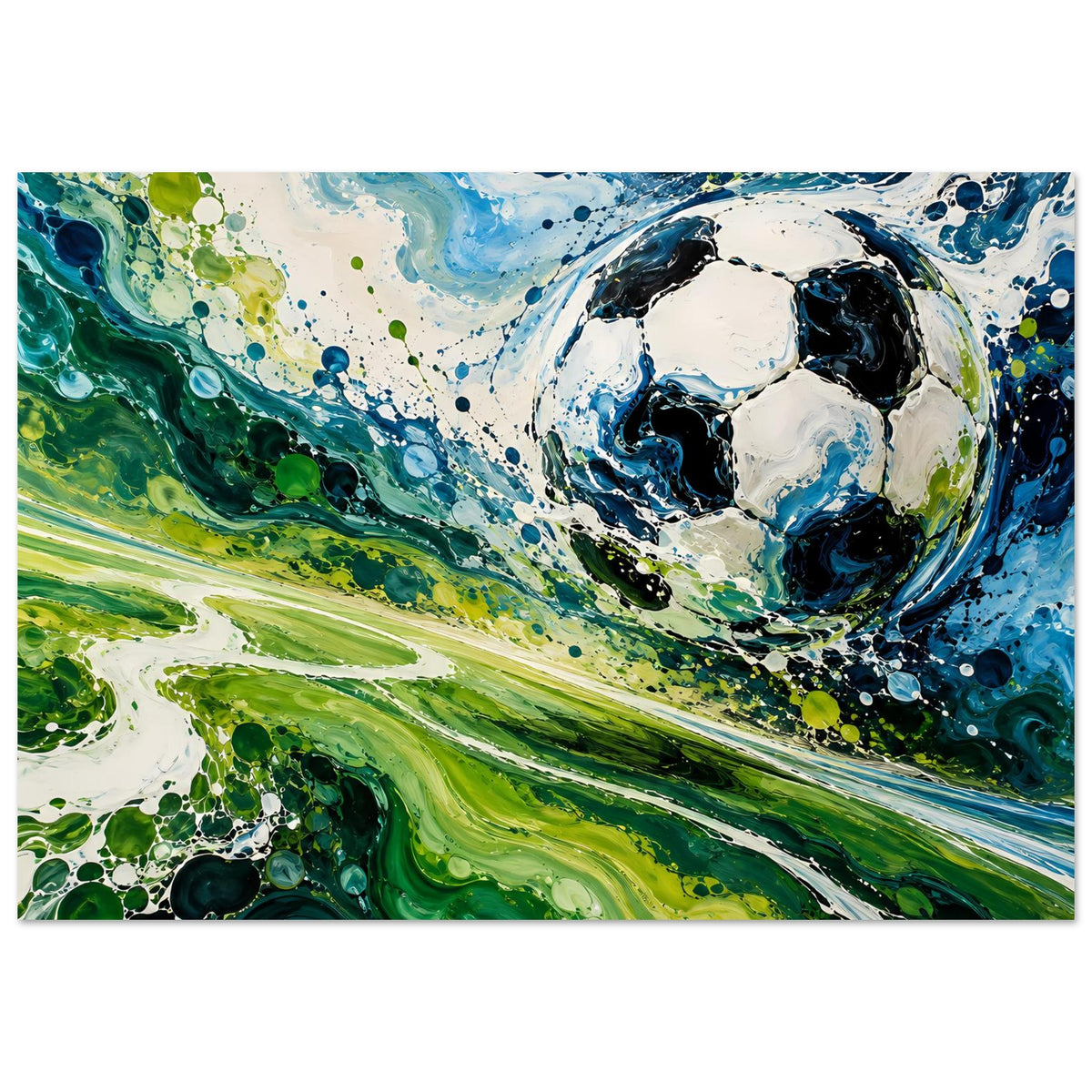 Fußball-Kunstposter mit abstraktem Motiv: grünes und blaues Farbwirbel-Design, runder Ball