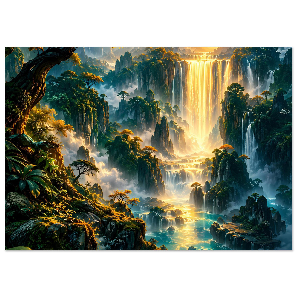 Fantasy-Landschaftsposter mit golden leuchtendem Wasserfall, Fluss und dichtem Dschungel im Bild