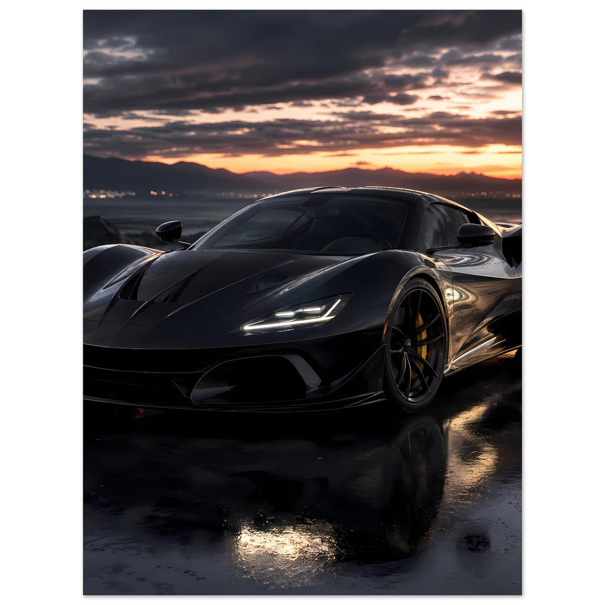 Sportwagen-Poster im Hochformat: schwarzer Supersportwagen, 3/4-Ansicht, LED-Scheinwerfer bei Sonnenuntergang