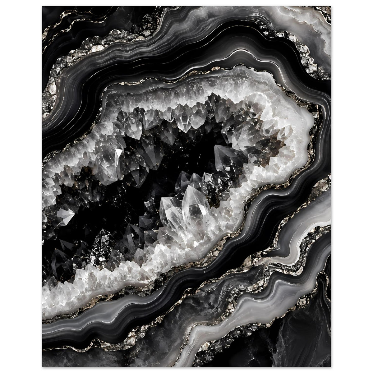Geoden-Wandposter mit Rahmen: Schwarz-Weiß-Kristallgeode und geschichtete Achat-Adern