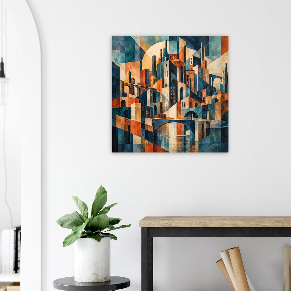 Cityscape-Poster mit Gebäuden und Rundbogen in warmen Orange- und Blautönen