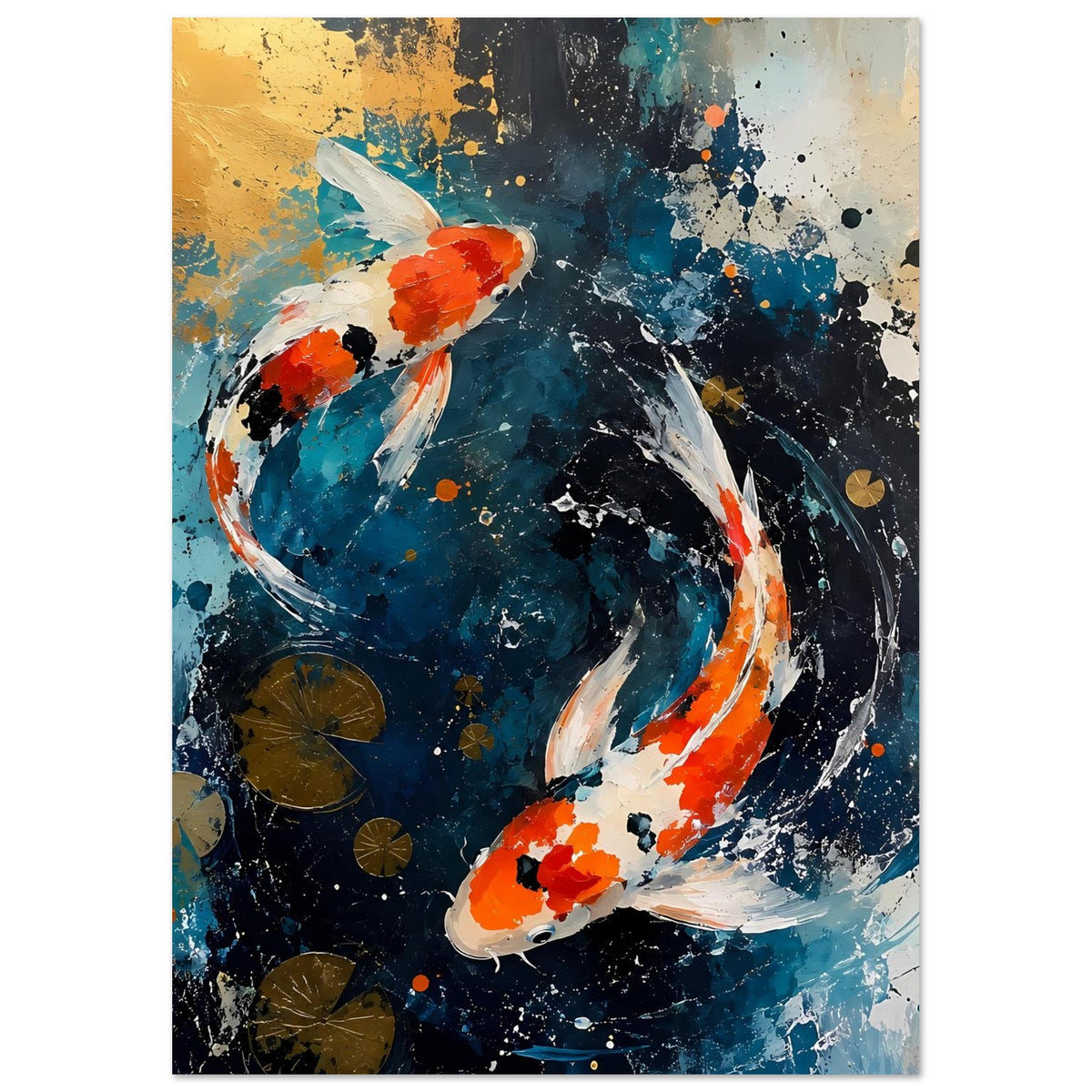 Abstraktes Koi-Poster mit zwei Fischen, blauem Hintergrund, orangefarbenen Formen und Punkten