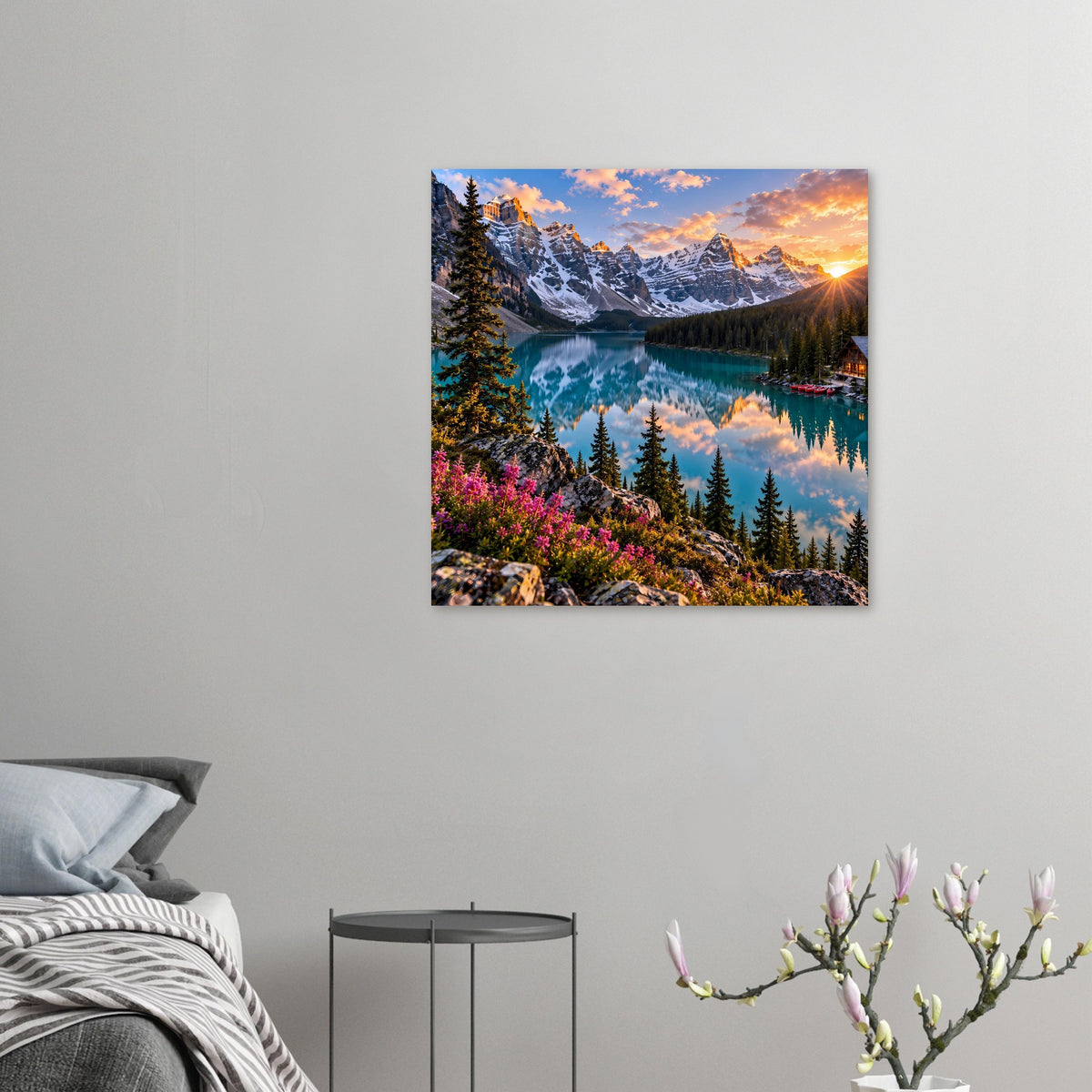 Quadratisches Wandposter mit Bergsee, schneebedeckten Bergen, Nadelwald und pinken Blüten