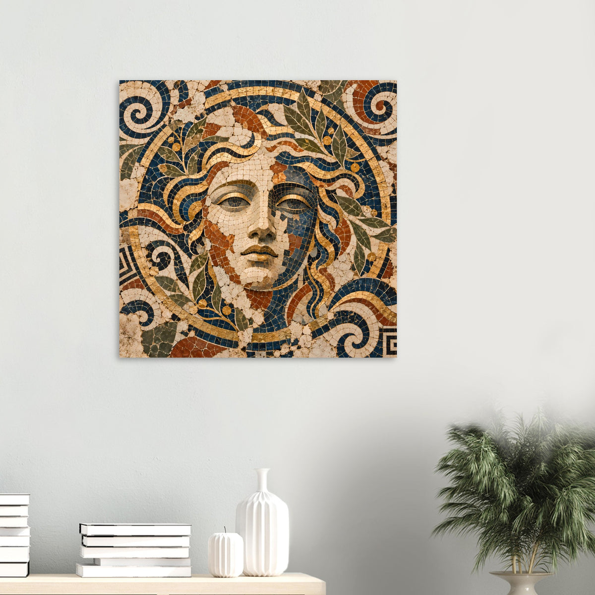 Quadratisches Poster mit Mosaik-Göttin-Gesicht, braun-goldene Töne und Pflanzenmotive