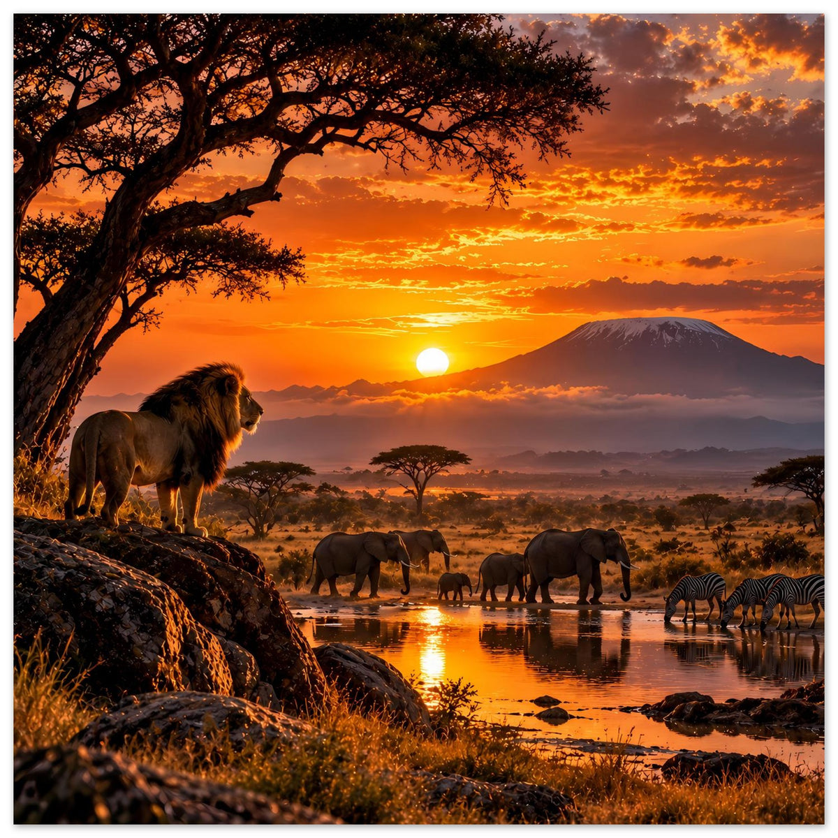 Safari-Poster im Hochformat: Löwe links, Elefanten am Ufer, Sonnenuntergang mit Berg im Hintergrund