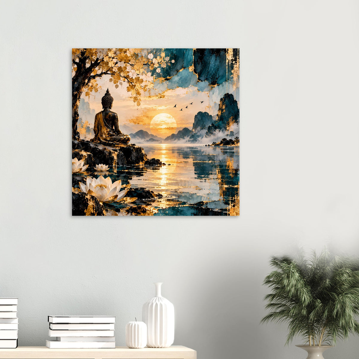 Quadratisches Poster mit sitzendem Buddha am See bei Sonnenuntergang, Gold- und Blautöne.