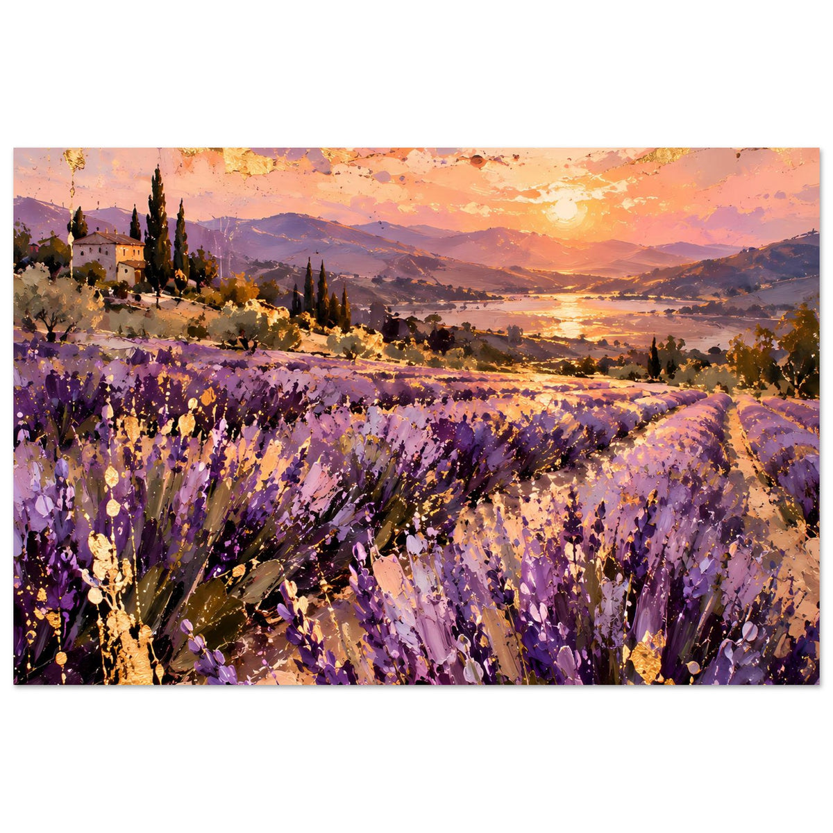 Landschaftsposter mit Lavendelfeld, lila Blütenreihen und goldener Abendsonne, horizontal