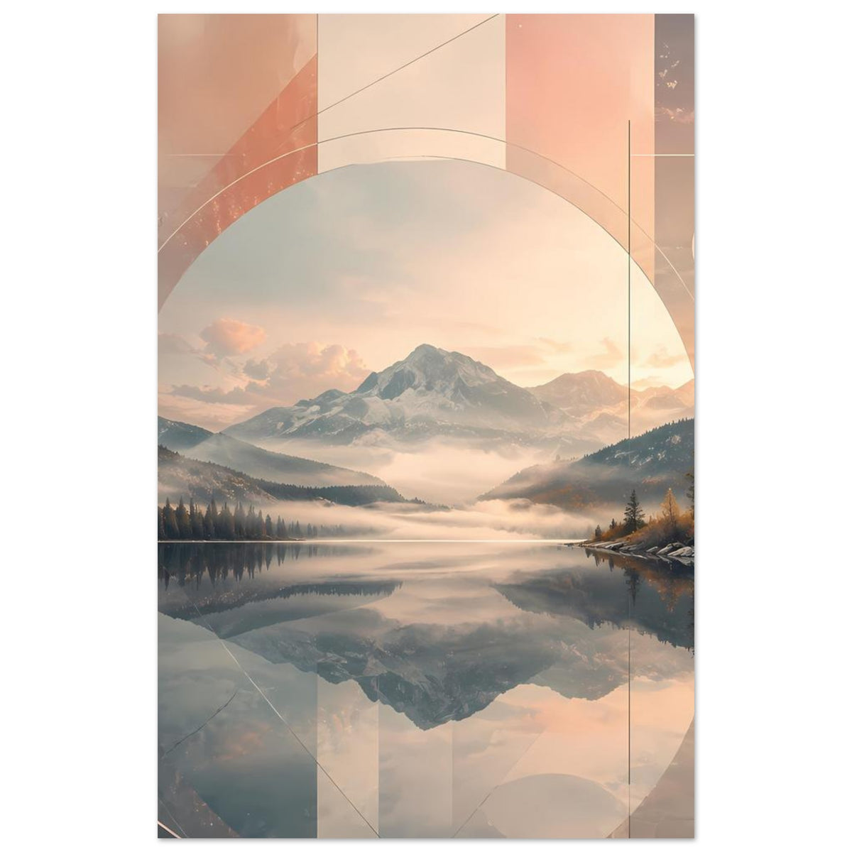 Wandposter im Hochformat: Berglandschaft mit See, große runde Überlagerung, Pastellstimmung