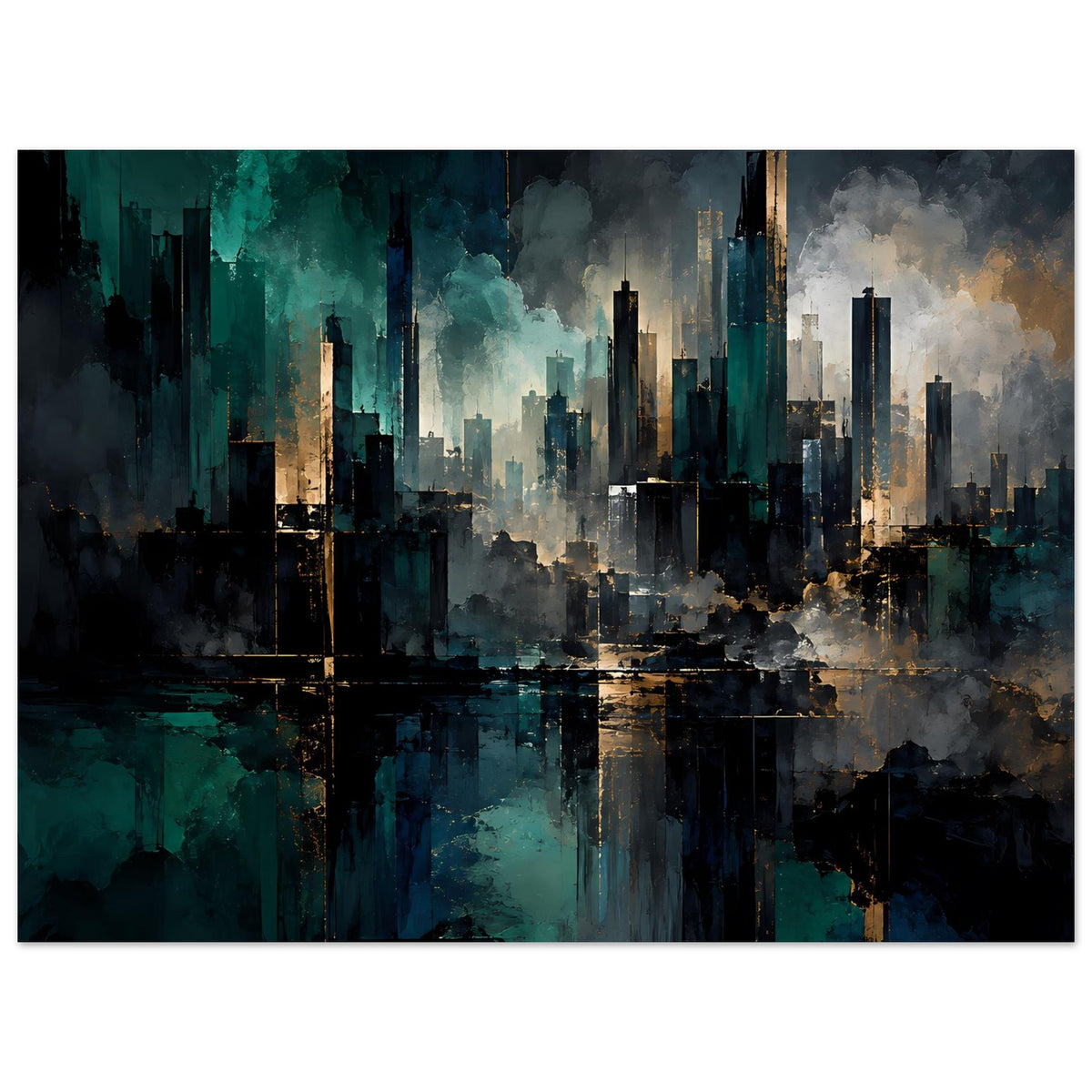 Abstraktes Skyline-Stadtposter im Querformat, türkis-blaue Stadt, goldene Akzente und Reflexion