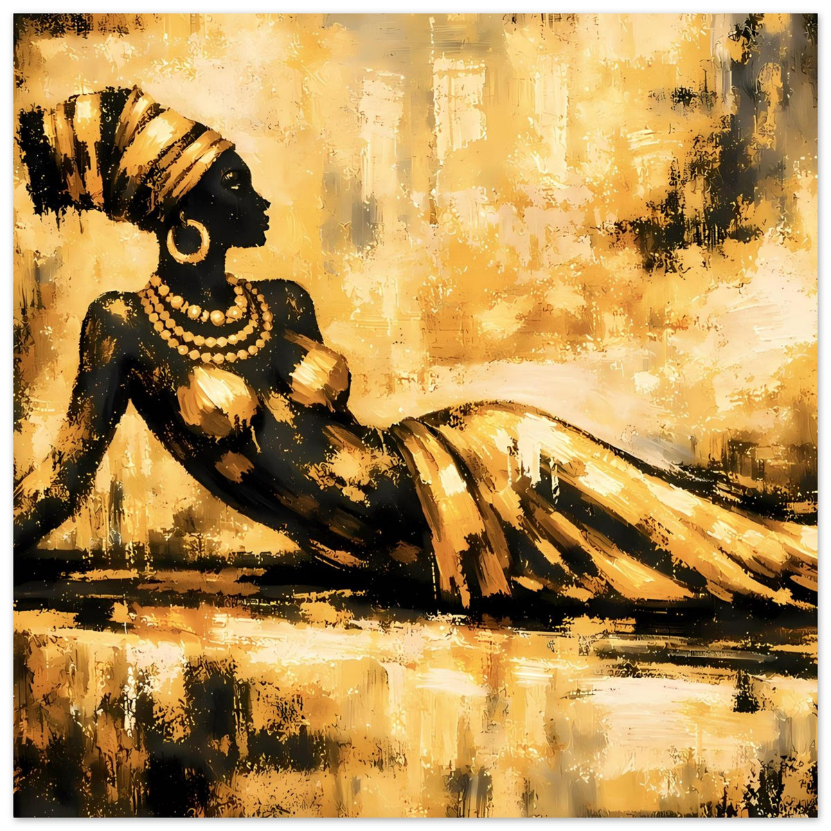 Goldenes Poster mit ruhender Frau in Schwarz, goldene Ornamente und Perlenkette