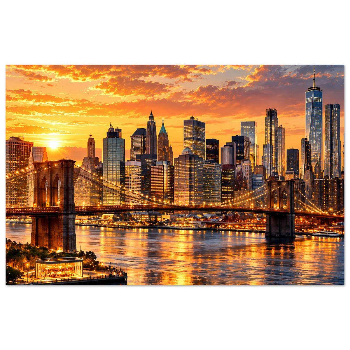 Horizontales Poster mit Skyline am Sonnenuntergang, Fluss mit Lichtern und Brooklyn Bridge