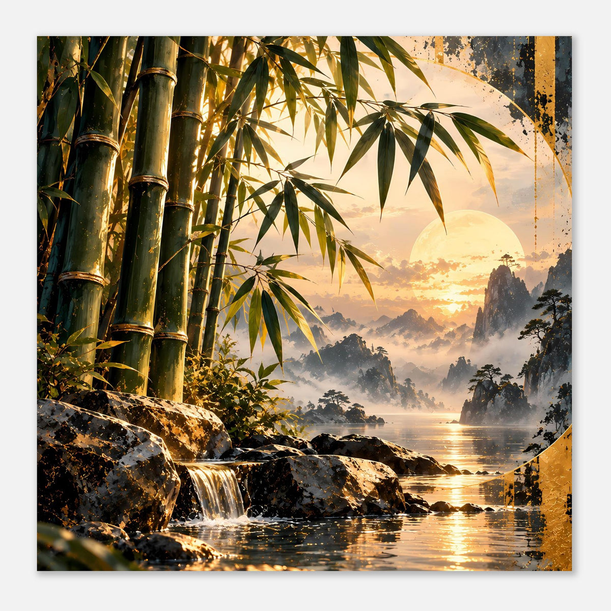Poster mit Bambus links, Wasserfall und Sonnenuntergang; goldene Lichtreflexe im Wasser