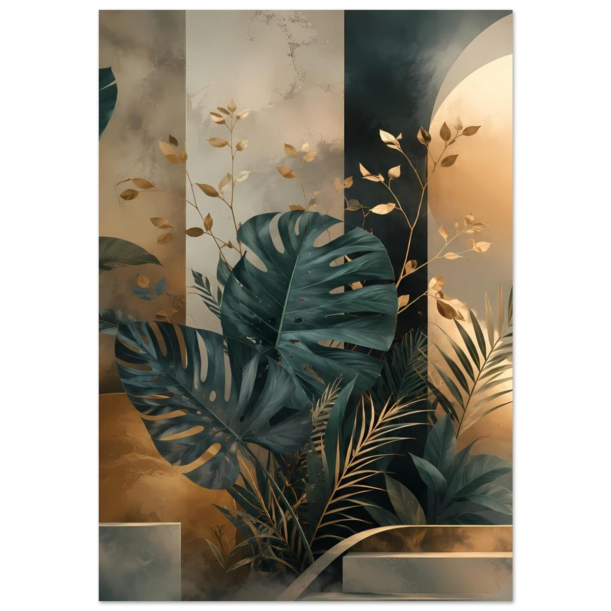 Poster mit großem Monstera-Blatt und weiteren Palmenblättern in Petrolgrün, goldene Akzente