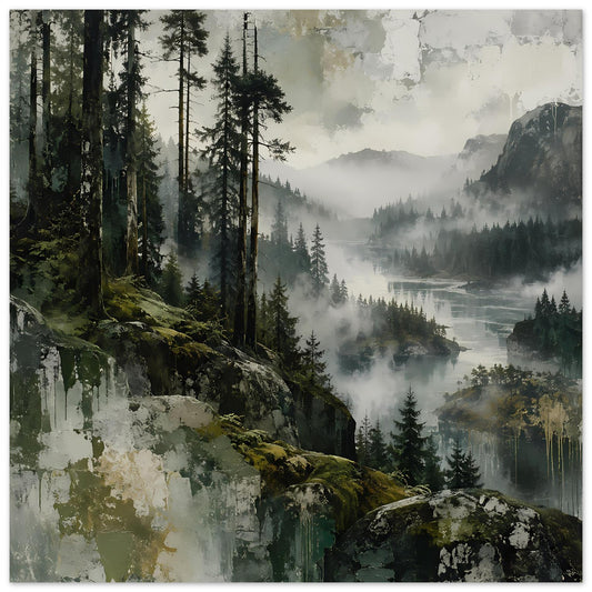 Landschaftsposter: dunkler Wald mit Nebel über Fluss und Felsklippen, mattes Papier