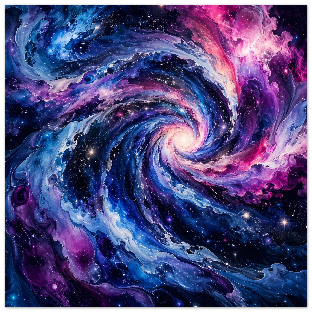 Nahansicht des Posters: Spiralgalaxie mit blau-violettem Nebel und vielen Sternen