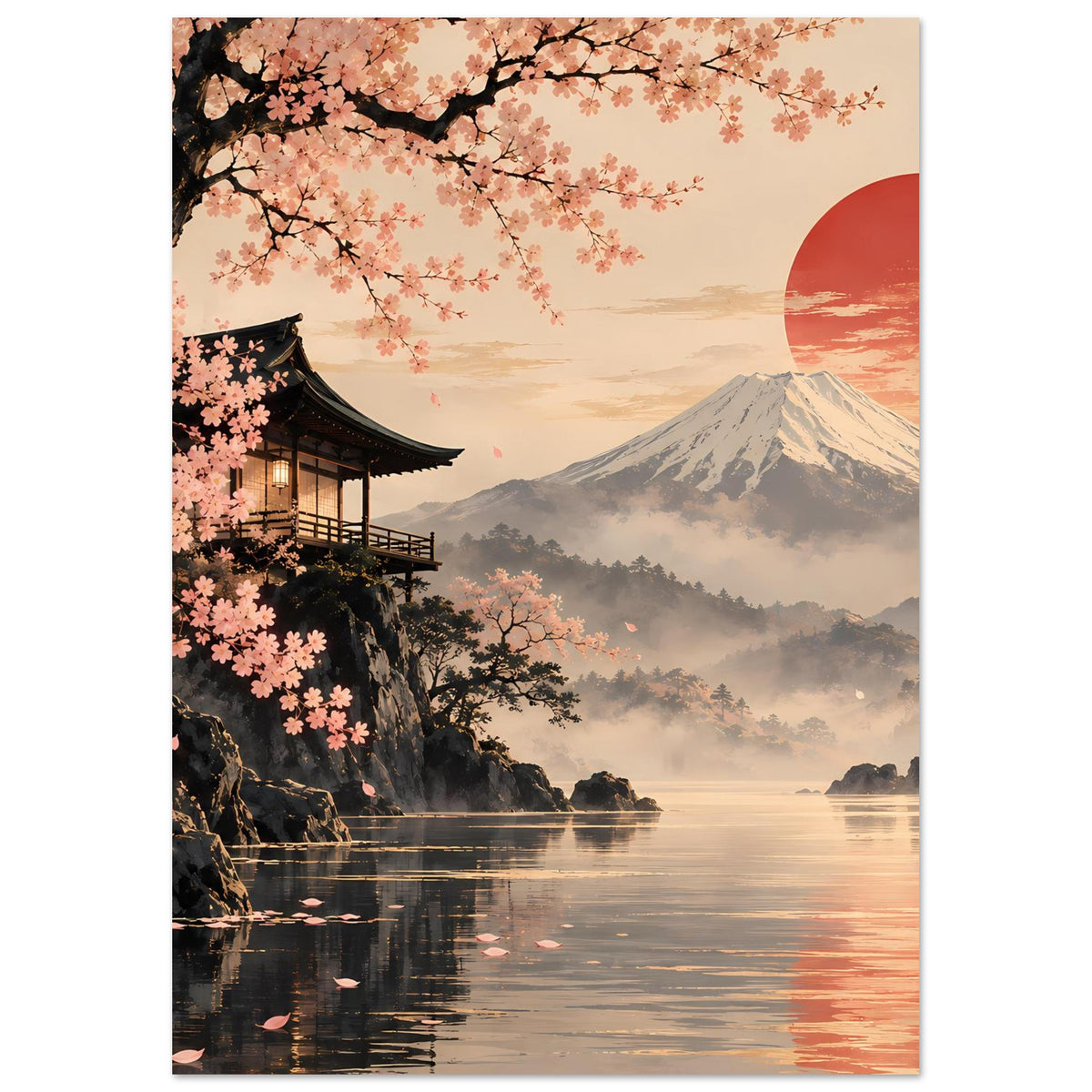 Vertikales Poster mit Kirschblütenzweigen, Tempelpavillon, Berg Fuji und roter Sonne am See