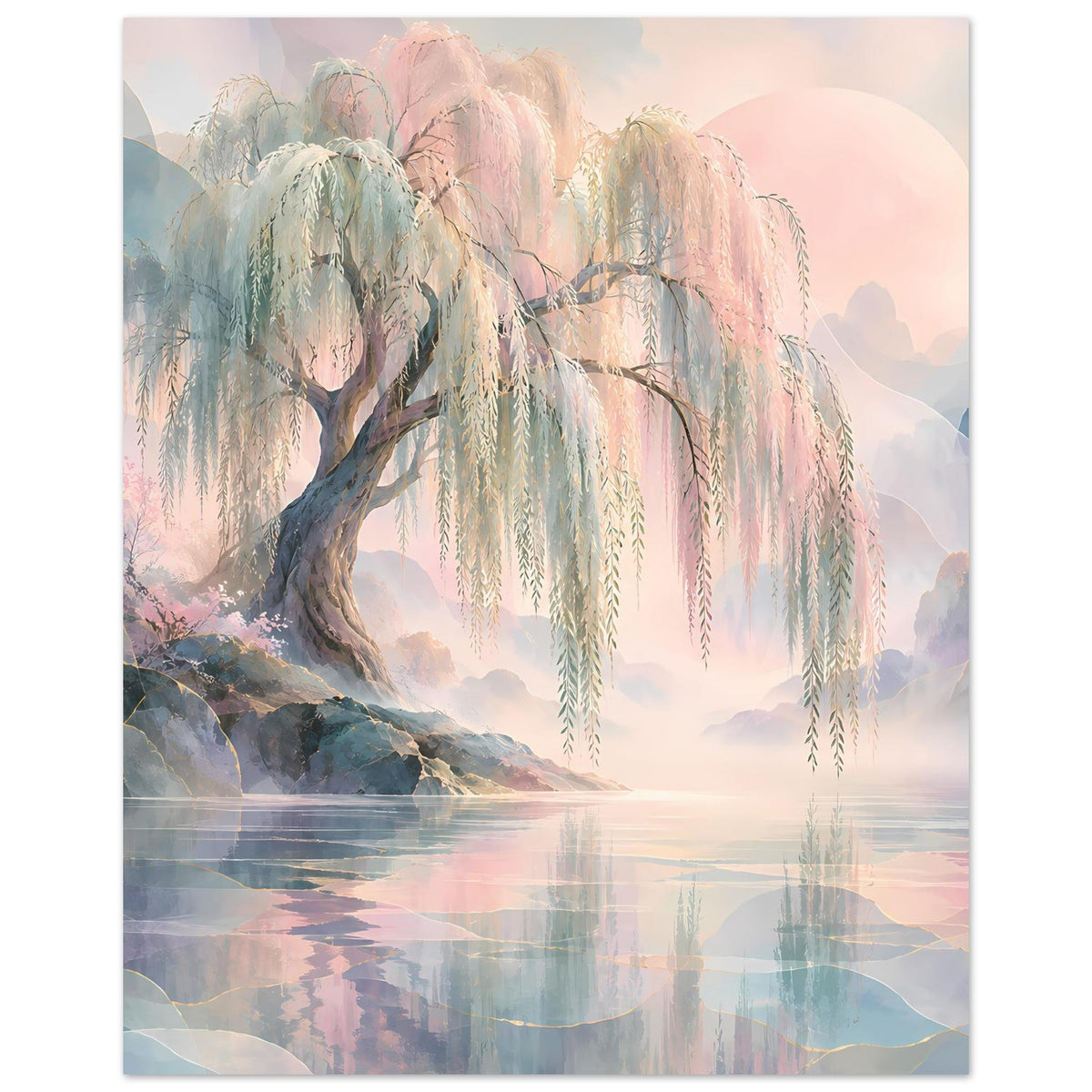 Hochformatiges Naturposter mit Trauerweide über ruhigem Wasser in sanften Pastellfarben