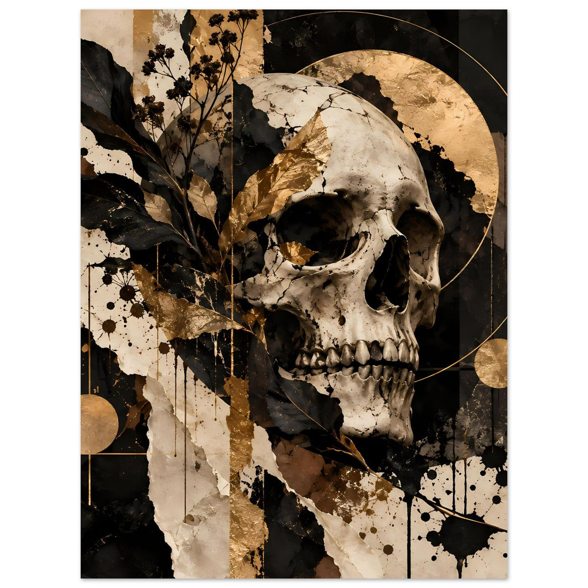 Kunstposter mit gotischem Totenschädel in Schwarz, Weiß und Goldtönen, mit Kreisen