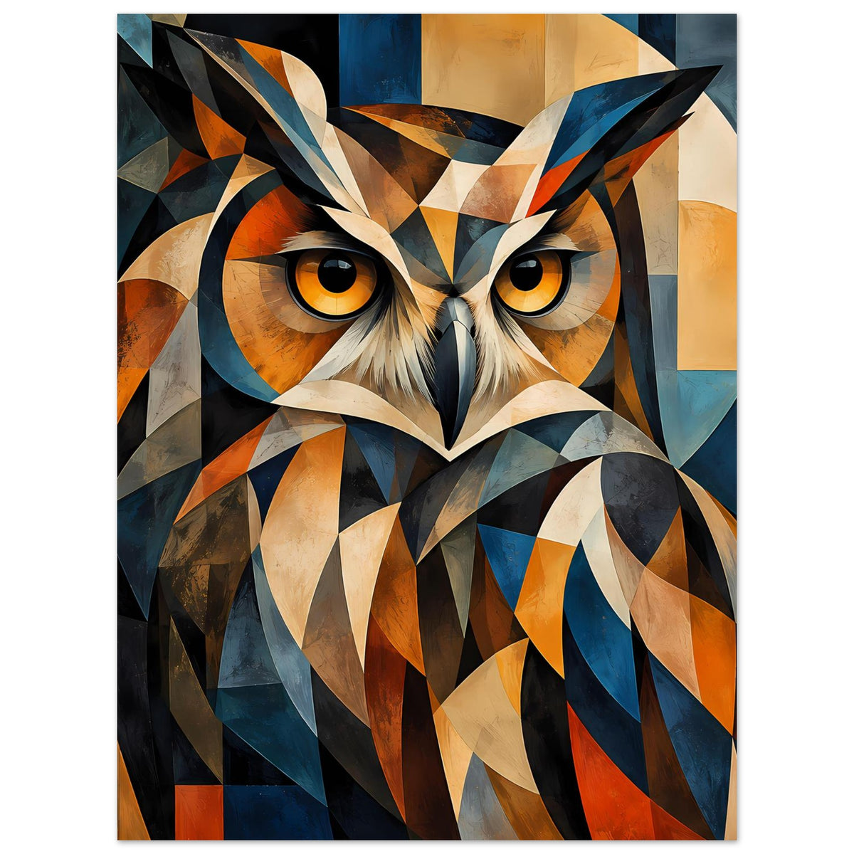 Geometrisches Eulenposter, Vogelkopf mit leuchtend gelben Augen und buntem Muster