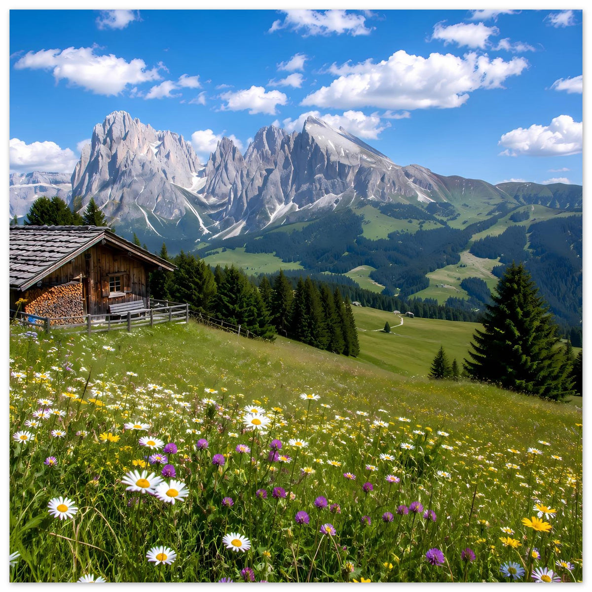 Querformatiges Landschaftsposter mit Alpenbergen, Blumenwiese und Holzhütte