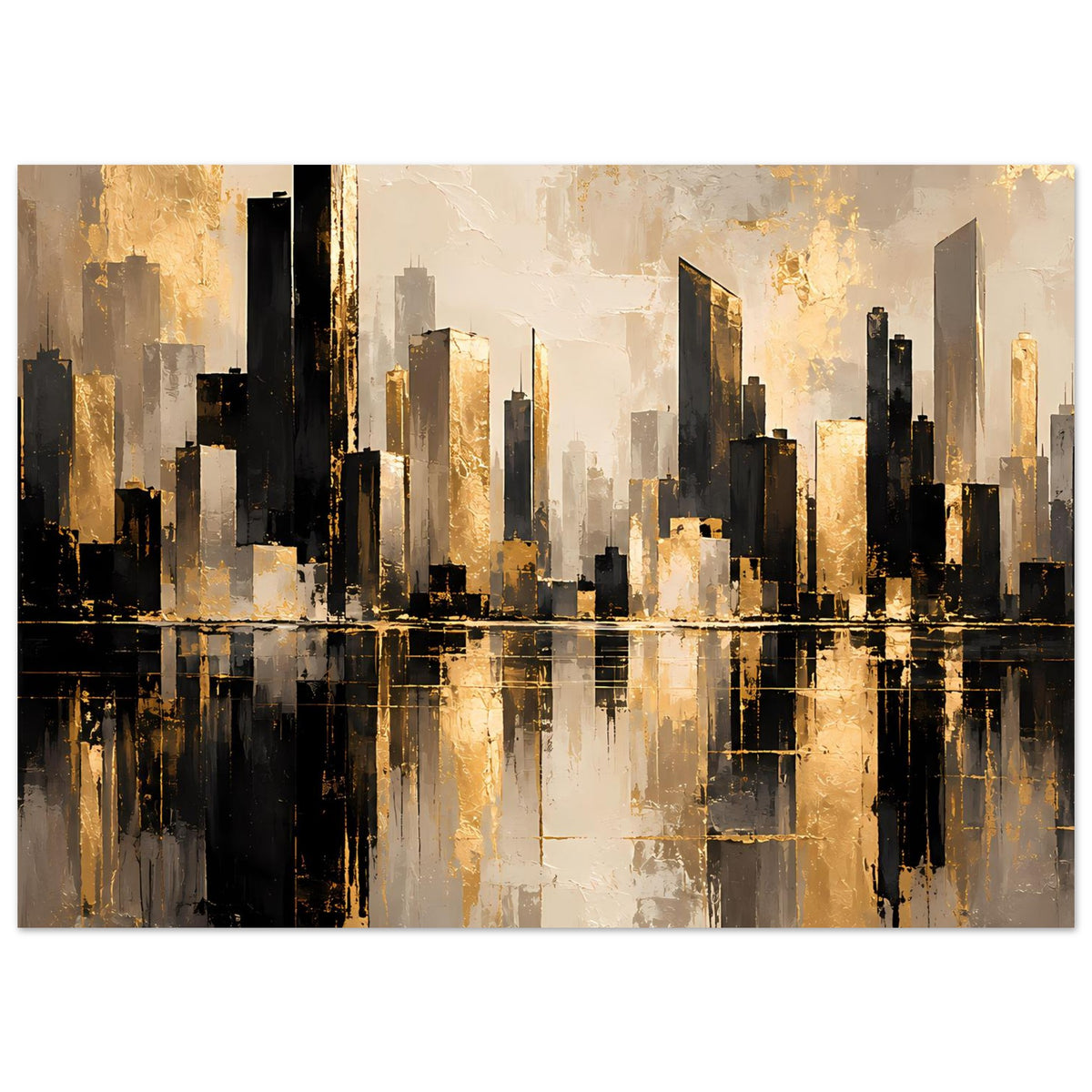 Horizontales Poster mit dunklen Hochhäusern, goldenen Akzenten und Wasserreflexion
