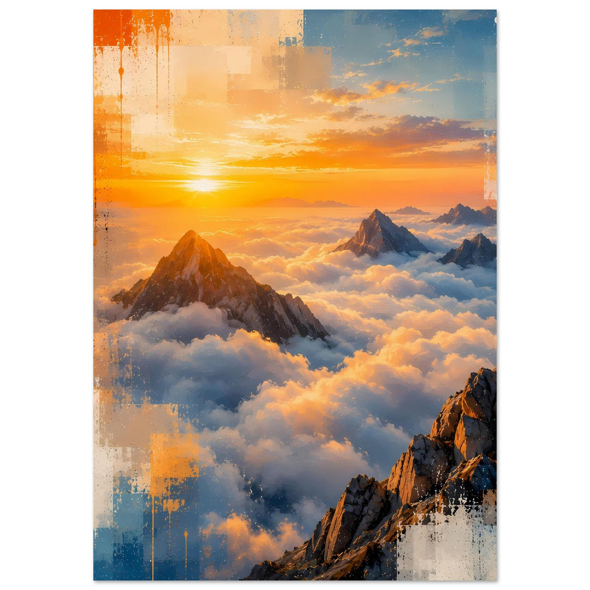 Naturposter mit Sonnenaufgang am Horizont, Berge und Wolken in warmen Orange-Tönen