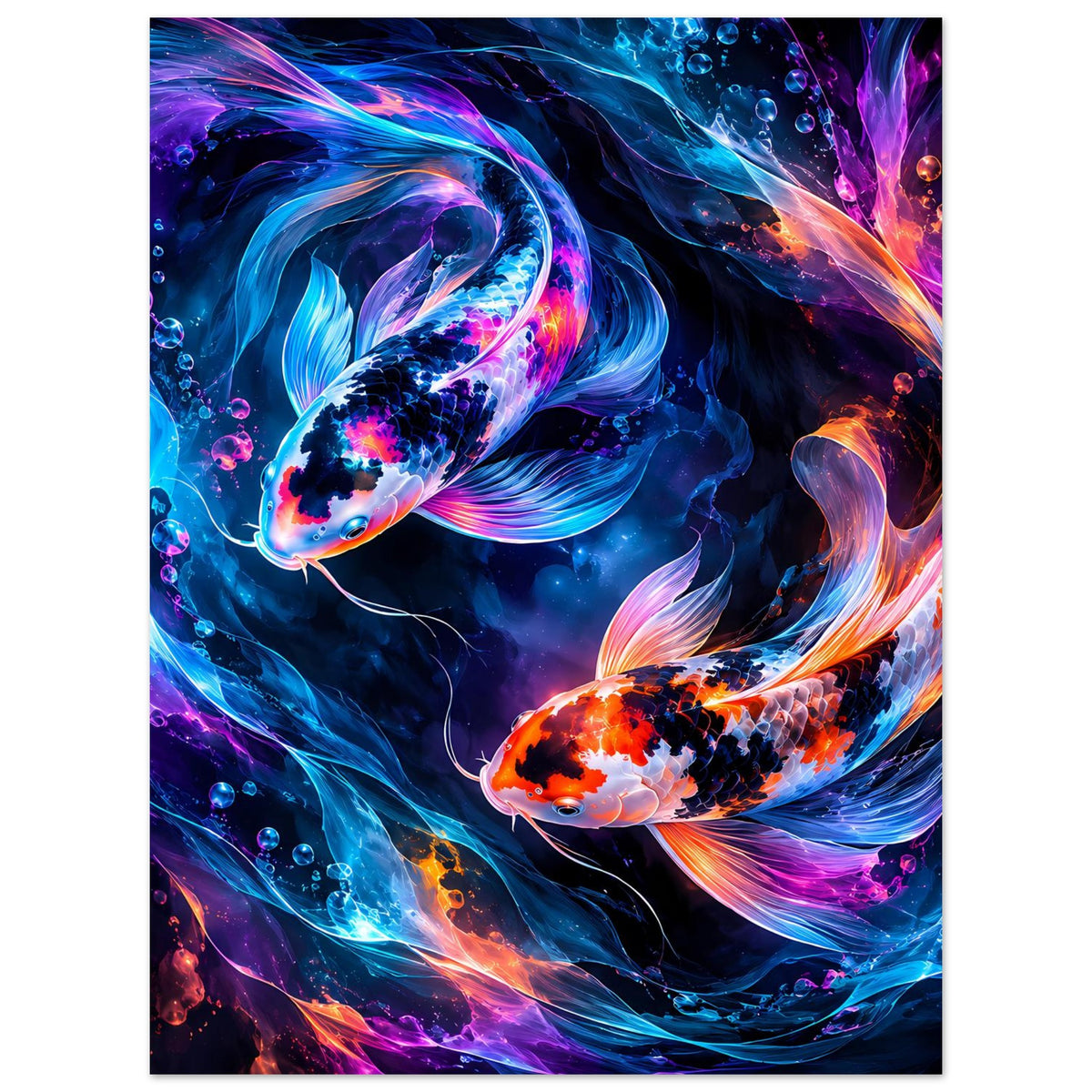 Poster mit Koi-Fischen in Blau und Orange, leuchtende Wasserwirbel und violette Highlights
