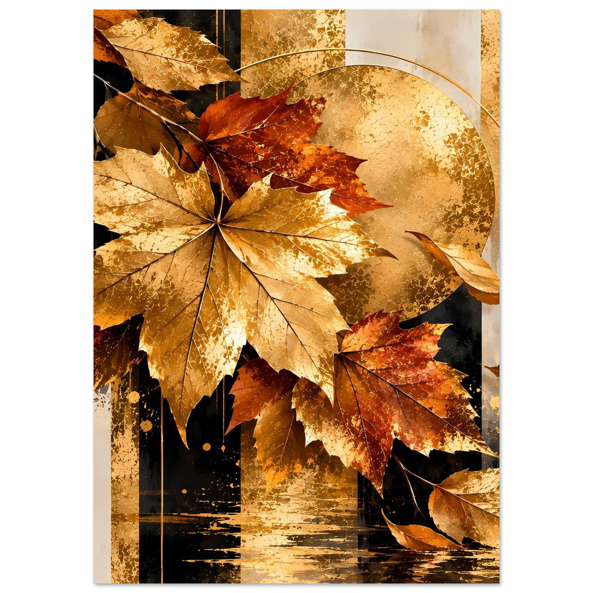 Herbstposter mit roten und goldenen Ahornblättern und rundem Sonnenscheiben-Licht