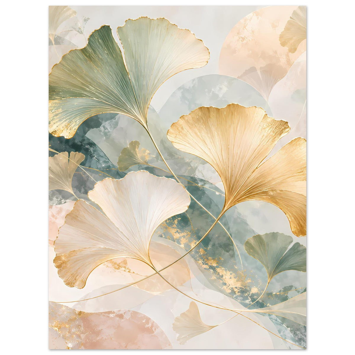 Hochformatiges Poster mit Ginkgo-Blättern in Gold, Grün und hellem Creme