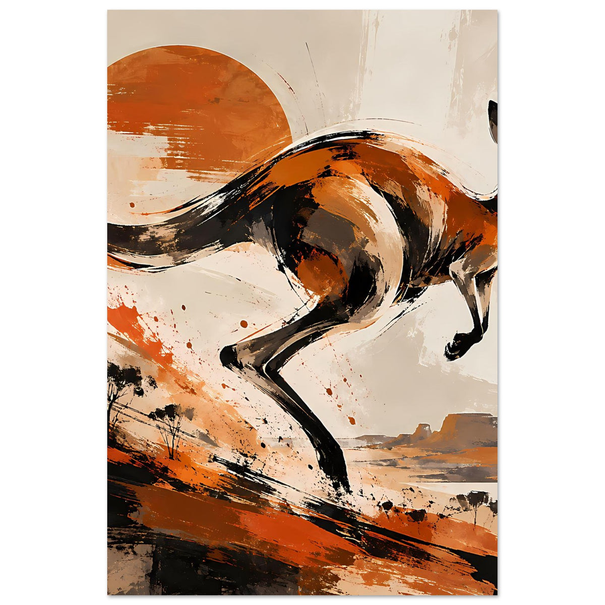 Vertikales Poster mit Känguru im Sprung, orangebraune, schwarze und helle Flächen.