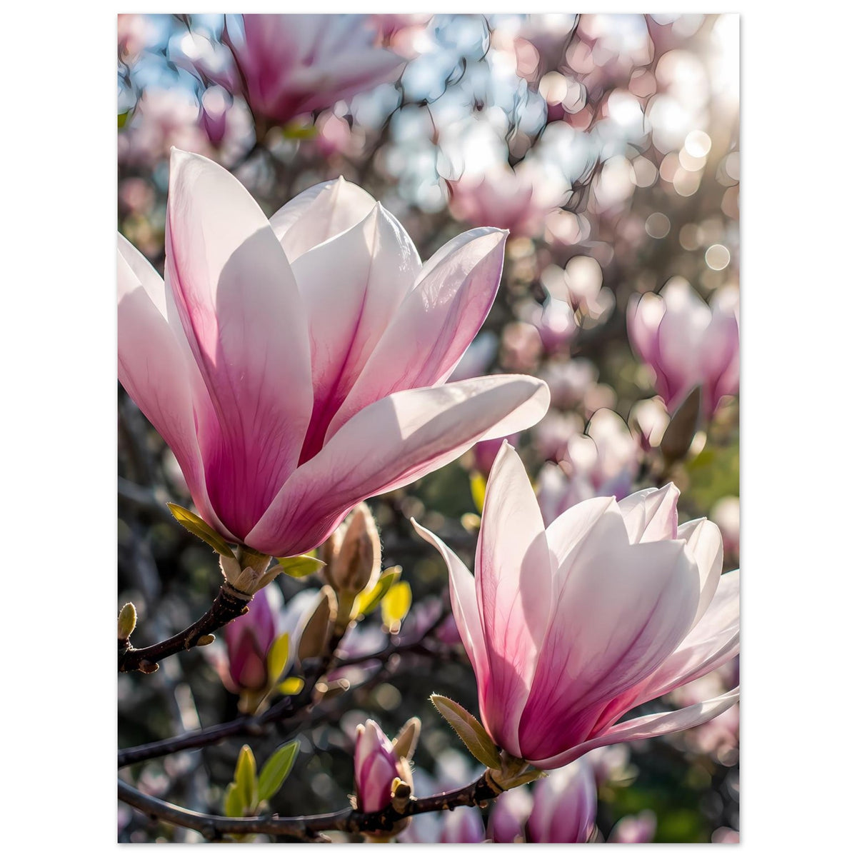 Poster mit rosa-weißen Magnolienblüten am Ast, Blütenblätter mit zarten Farbübergängen