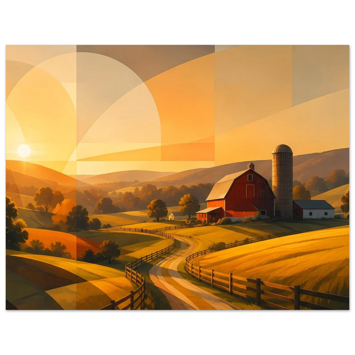 Abstraktes Wandbild: rote Scheune, Siloturm, goldene Felder und gewundener Pfad mit geometrischen Flächen.