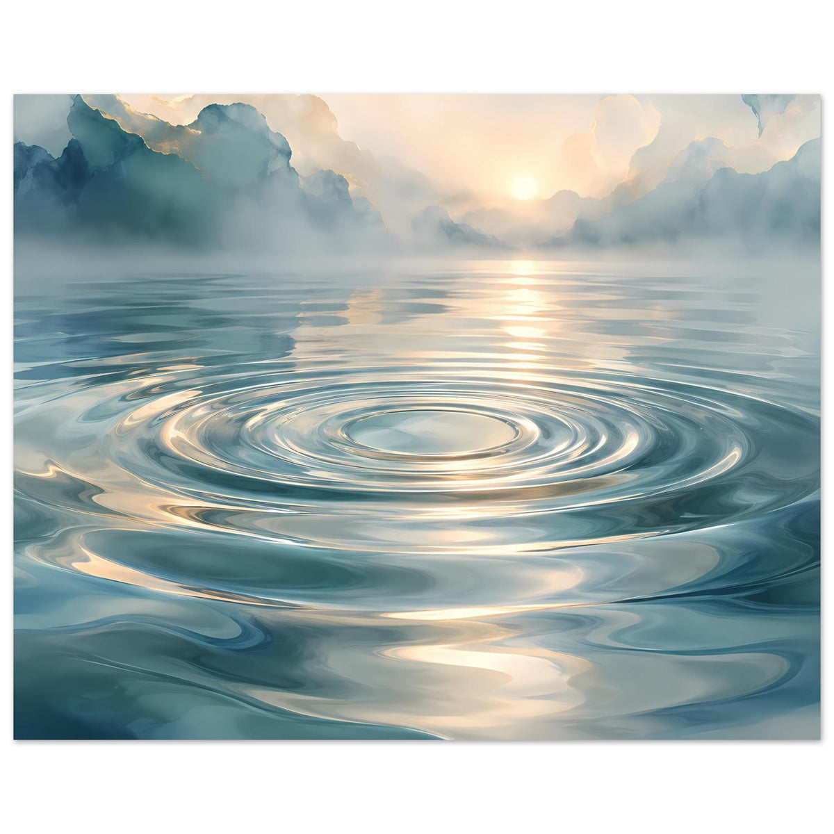 Wasser-Poster im Querformat mit kreisförmigen Wellen, ruhige See, Sonnenlicht im Nebel