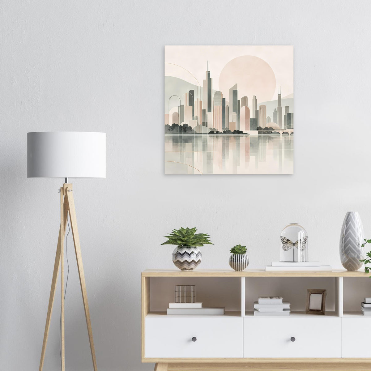 Quadratisches Stadtposter mit minimaler Skyline im Pastell-Sonnenuntergang und Spiegelung