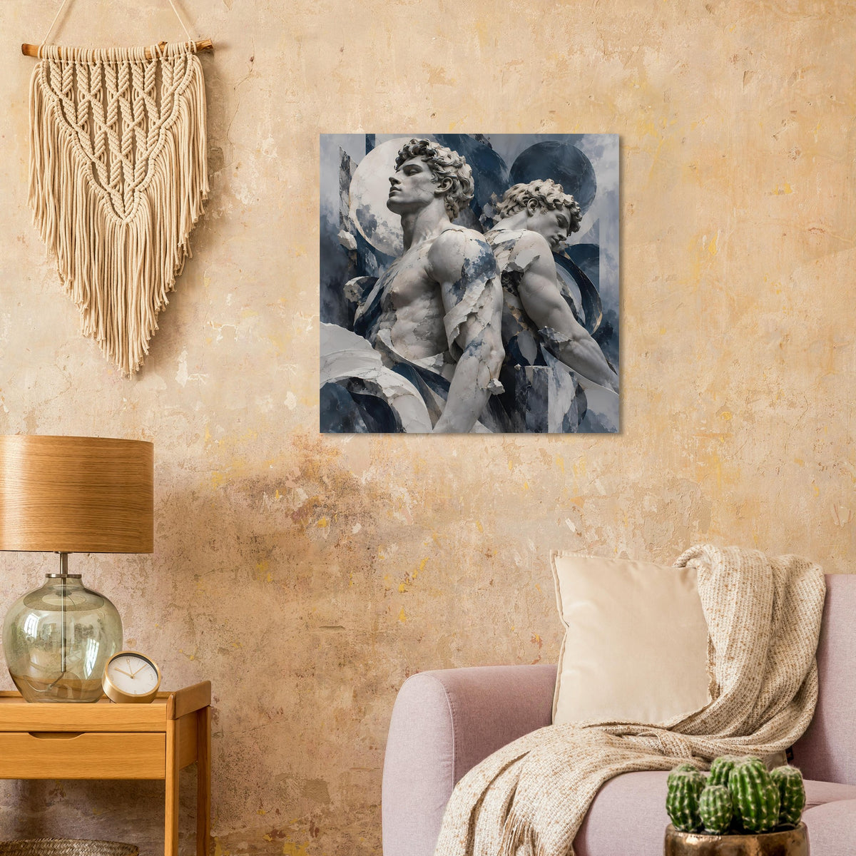 Poster mit zwei Cherub-Engeln, blau-grau Farbverlauf, quadratisches Format, matt