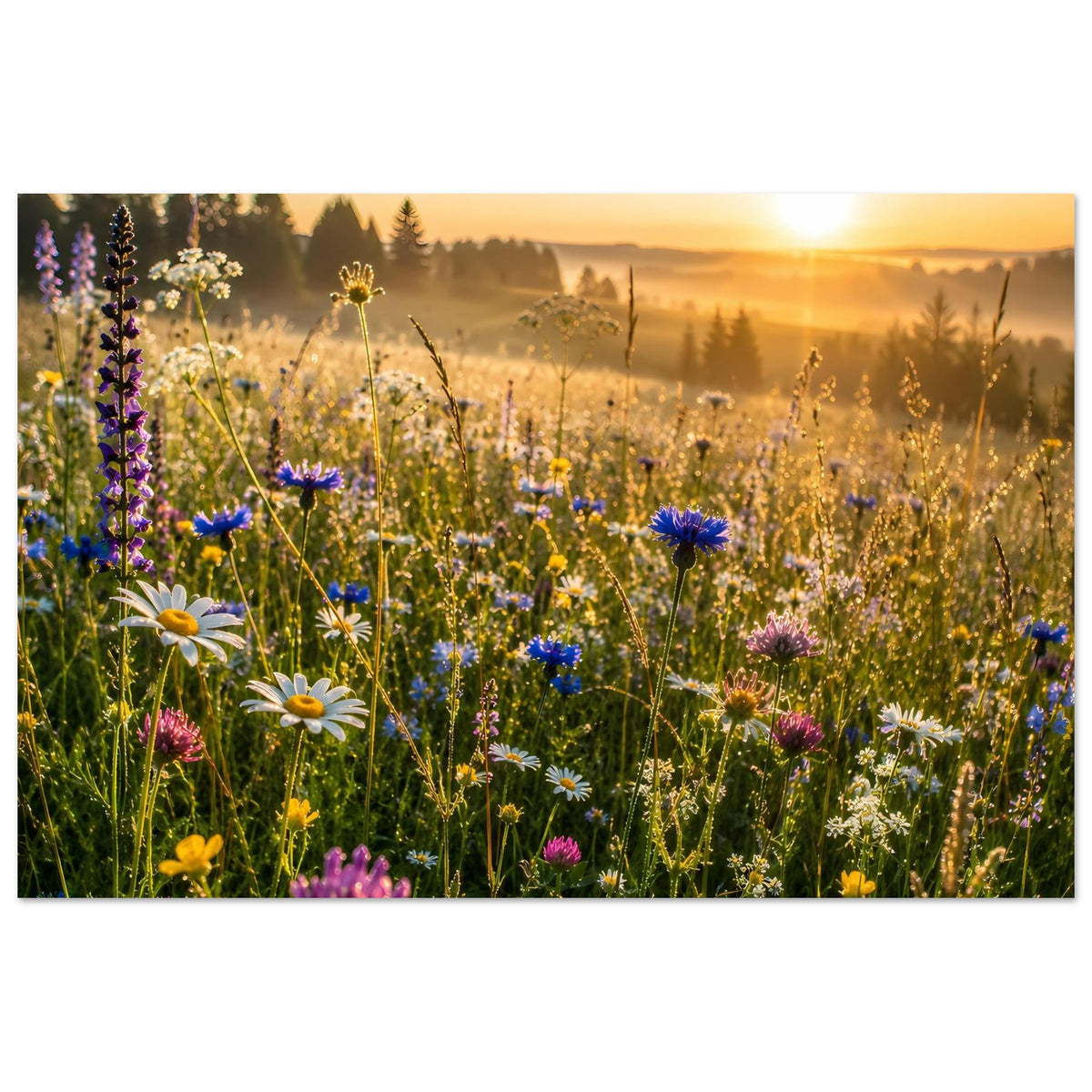 Poster mit Wildblumenwiese: bunte Wiesenblumen vor dunstigem Hintergrund