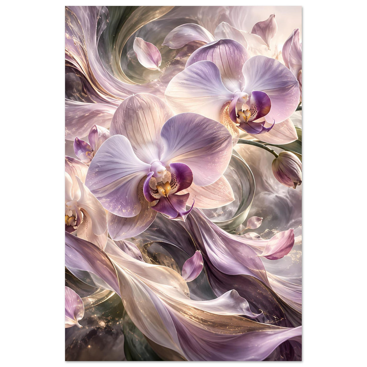 Orchideenblumenposter im Rahmen, vertikal: violette Blüten mit cremefarbenem Schimmer