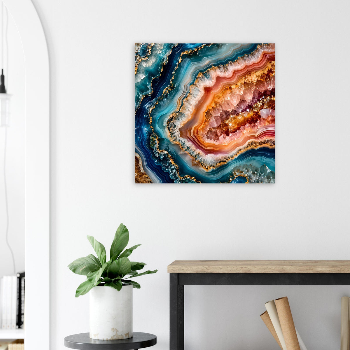 Geoden-Kunstdruck mit türkis-blauen Verläufen, orangen Schichten und goldenen Funken