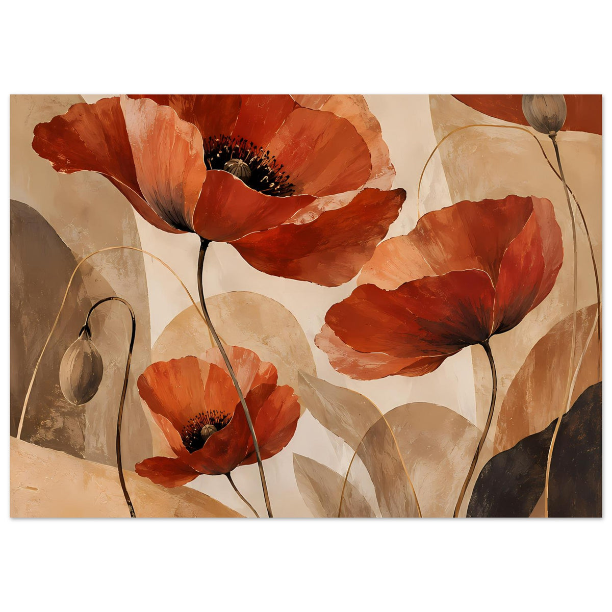 Botanisches Poster mit roten Mohnblumen und Blättern, Querformat, gerahmt
