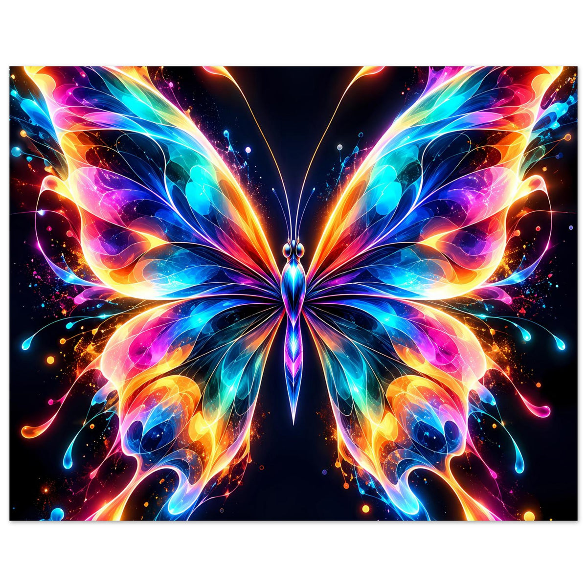 Neon-Schmetterling-Poster im Querformat, farbige Lichtwellen und funkelnde Punkte im Muster