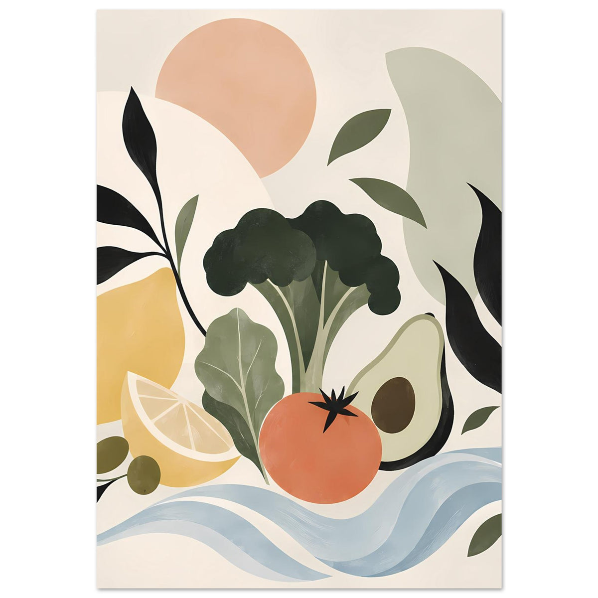 Hochkant-Poster abstrakte Pflanzenillustration mit großen Formen, grünen Blättern und Wellen