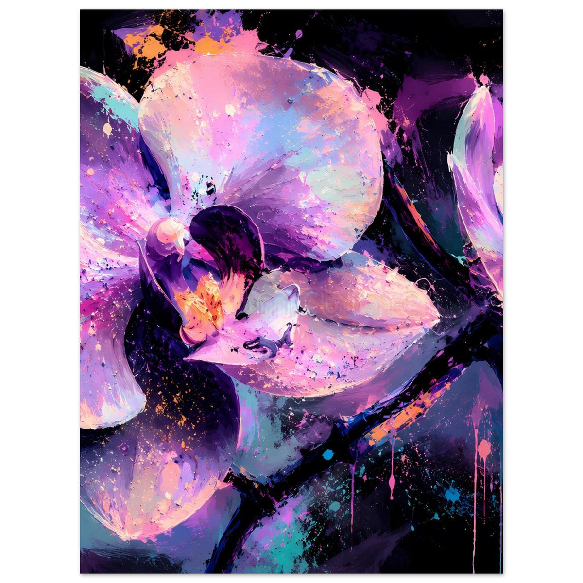Abstraktes Neon-Orchideenposter mit violettem und pinkem Blütenmotiv, leuchtender Farbverlauf-Optik.